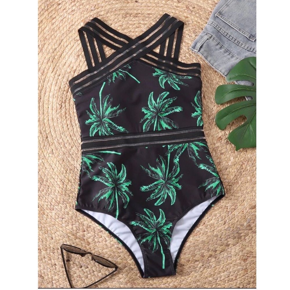 Palm tree print crisscross one piece swimsuit